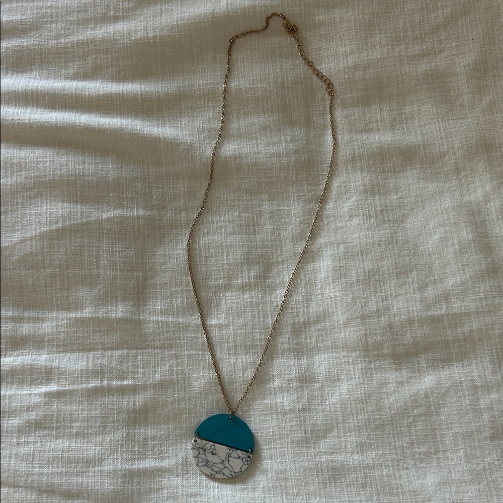 Gold Chain Necklace with Turquoise and White Marble Pendant